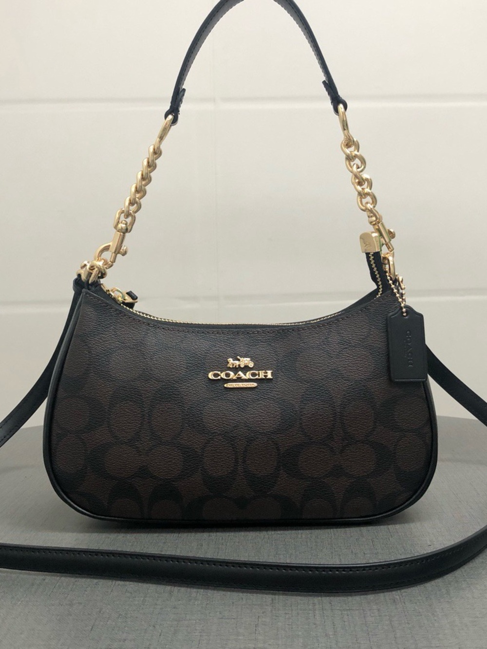 Coach Dark Brown Signature Canvas Shoulder Bag with Gold Hardware